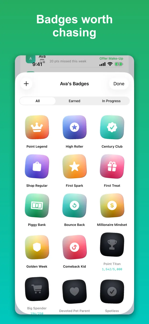 Achievements and badges screen in PointSprout with progress bars
