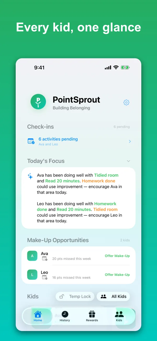 PointSprout home dashboard showing each kid's point balance at a glance