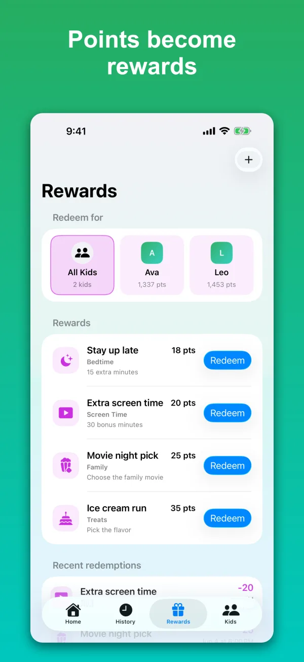 PointSprout rewards shop where kids spend points on the toys, treats, and privileges a parent has set