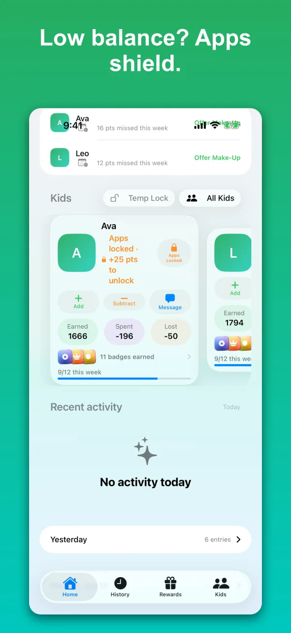 Screen-time shield in PointSprout blocking chosen apps because the kid's point balance is below the parent-set threshold